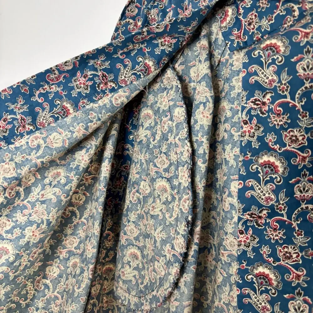 Vintage 1970s Handmade Blue Paisley Chore Skirt Apron Ruffle Pockets Large